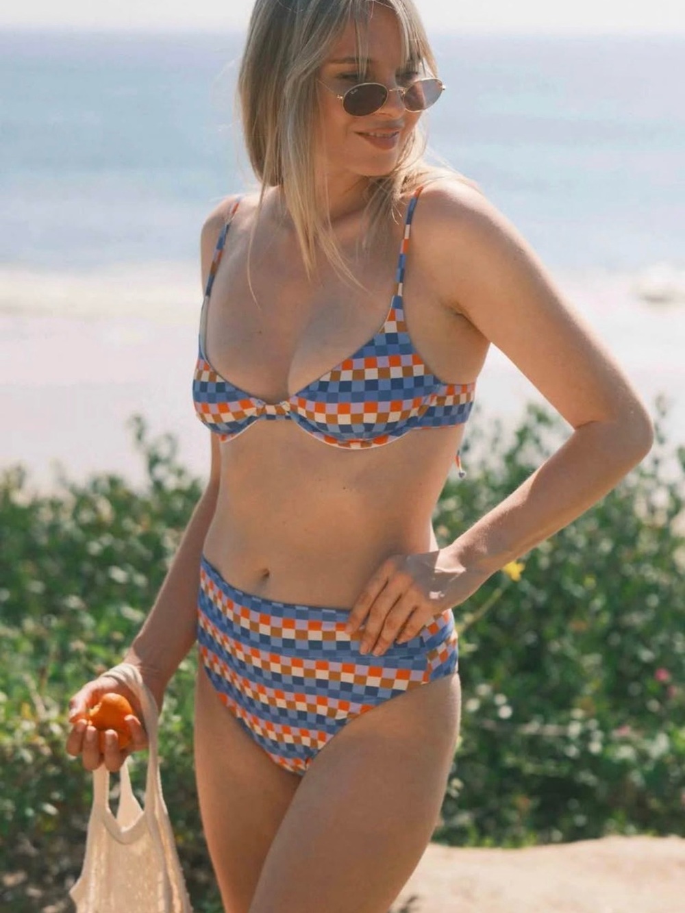 Rhayne Small Checkerboard Bikini Swimsuit Top Bottom Set Blue Orange NEW